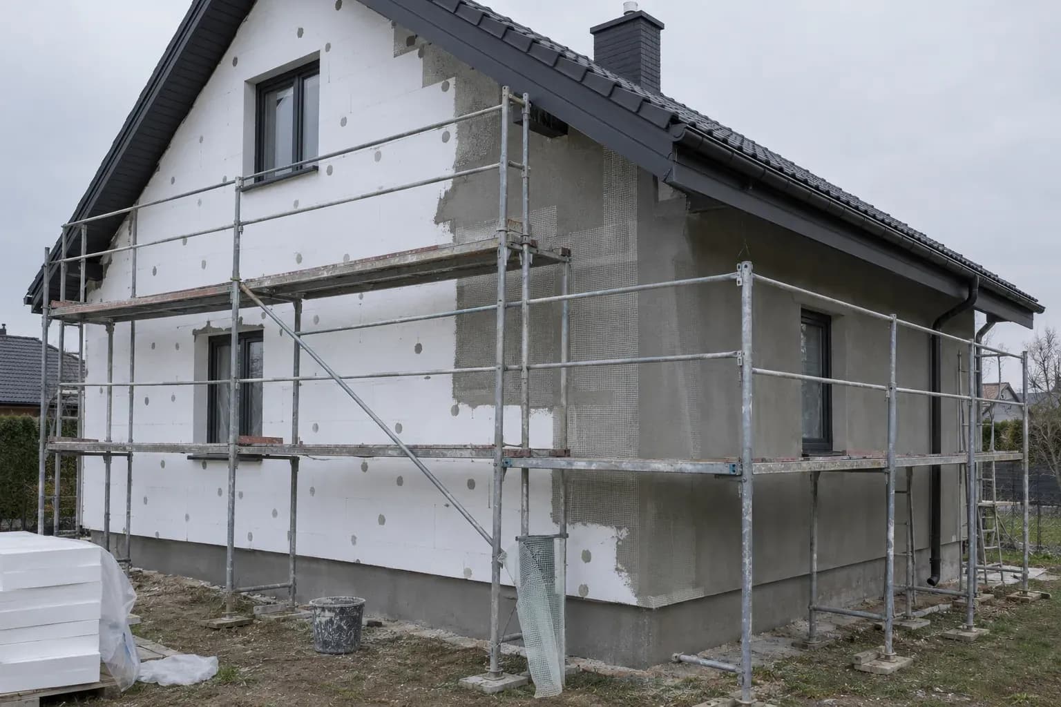 Dom w trakcie ocieplania: płyty styropianowe przyklejone do ściany, część z tynkiem, wokół rusztowanie