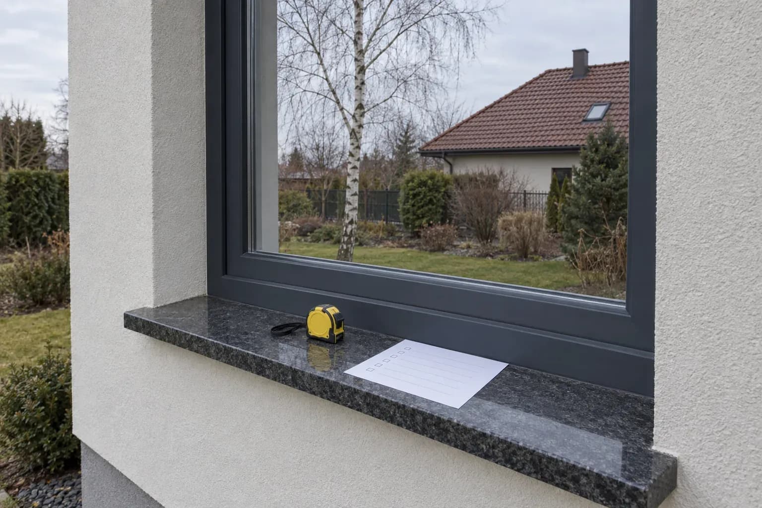 Parapet z miarką zwijaną i kartką z listą kontrolną