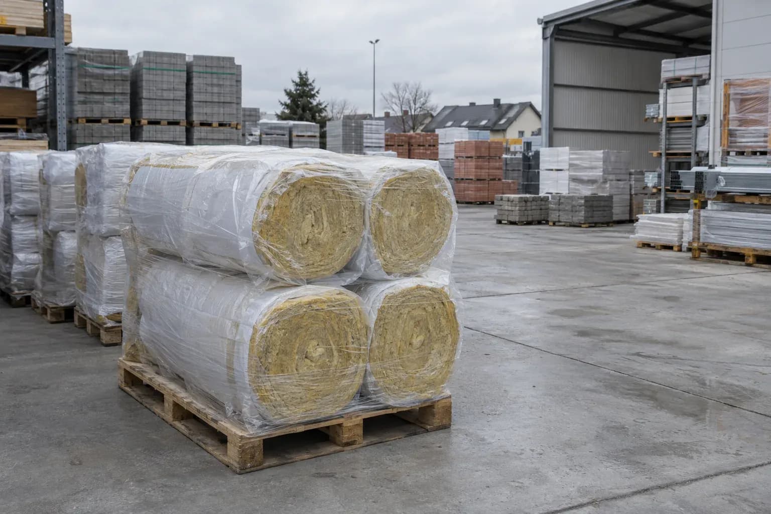Paleta z rolkami wełny mineralnej owiniętymi folią, na placu hurtowni