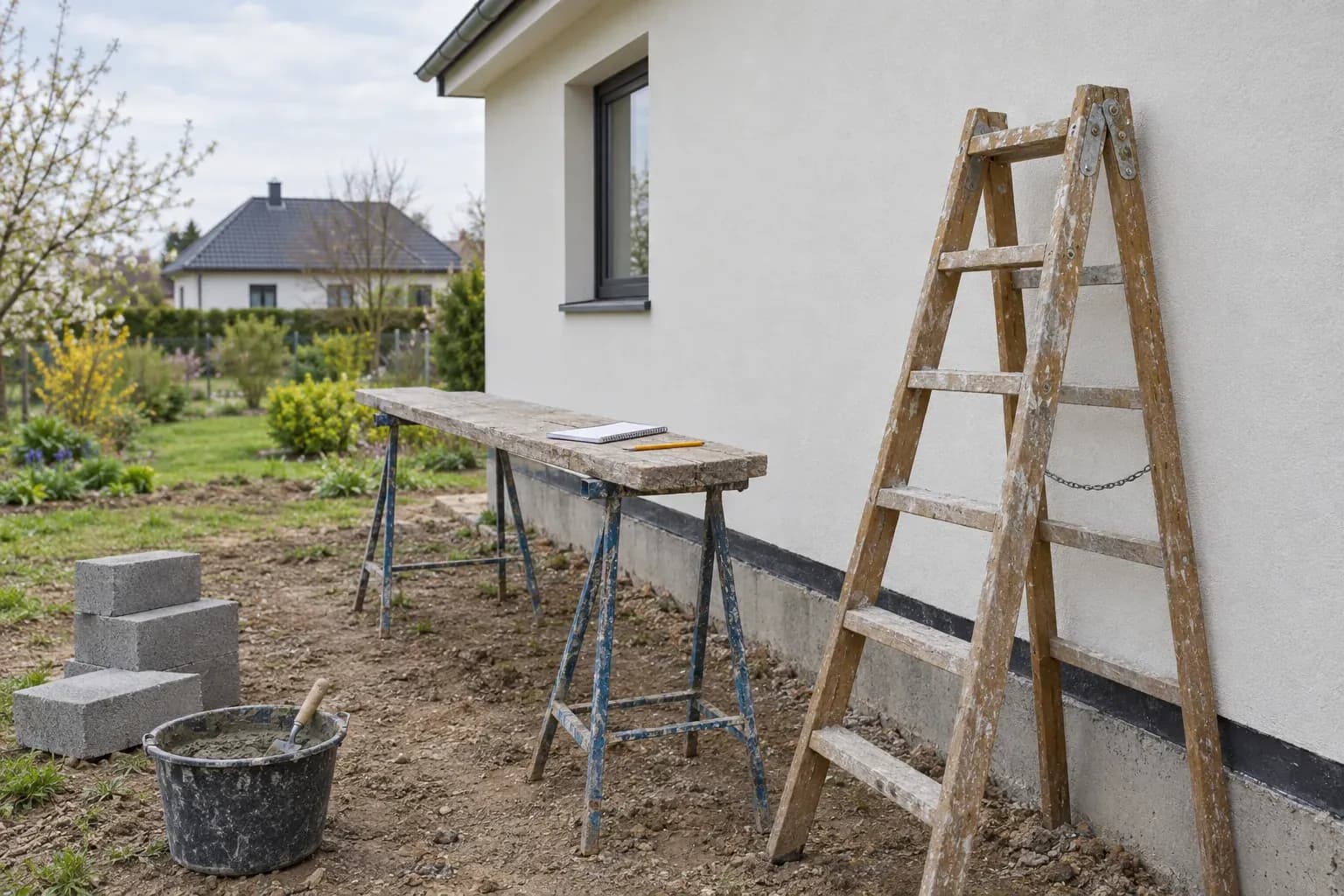 Drabina oparta o ścianę z jasnego tynku, na desce notatnik i ołówek, przy fundamencie