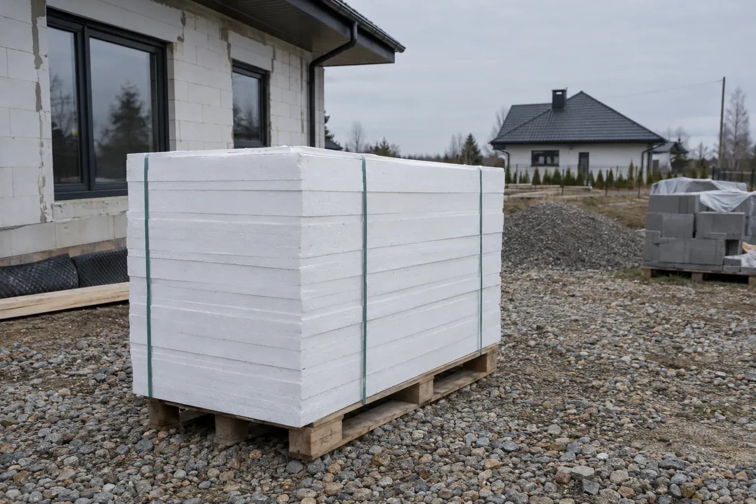 Paleta płyt styropianowych na placu budowy, za nią dom jednorodzinny
